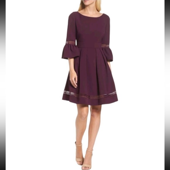 👗 Eliza J Plum Bell Sleeve Fit & Flare Dress Size 6 ✨ Cocktail Wedding 👠 - Picture 1 of 7
